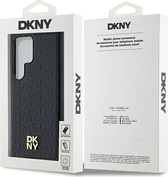Mbështjellës DKNY Leather Pattern Metal Logo MagSafe për Samsung Galaxy S24 Ultra, zi