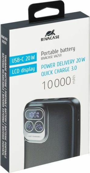 Powerbank RIVACASE VA2511 10000mAh 20W QC 3.0 me ekran LCD, e zezë