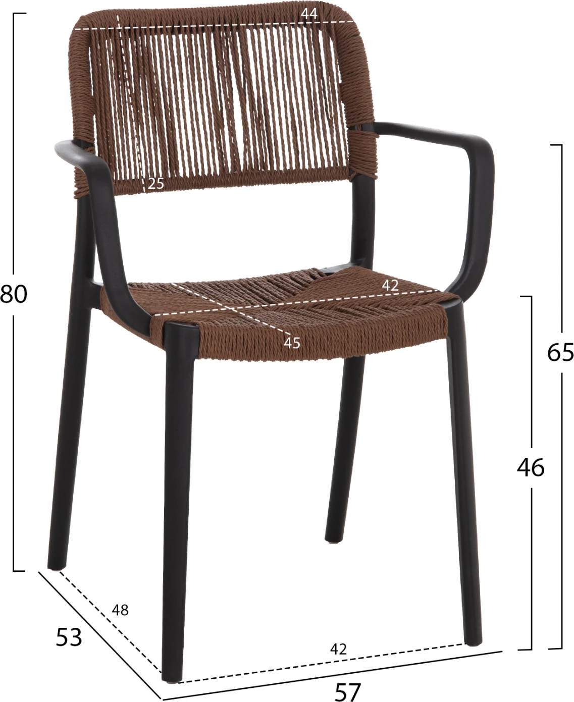 Karrige për jashtë për tavolinë, STRIDER, kornizë e zezë, litar kafe, 57x53x80cm, set prej 5 copash