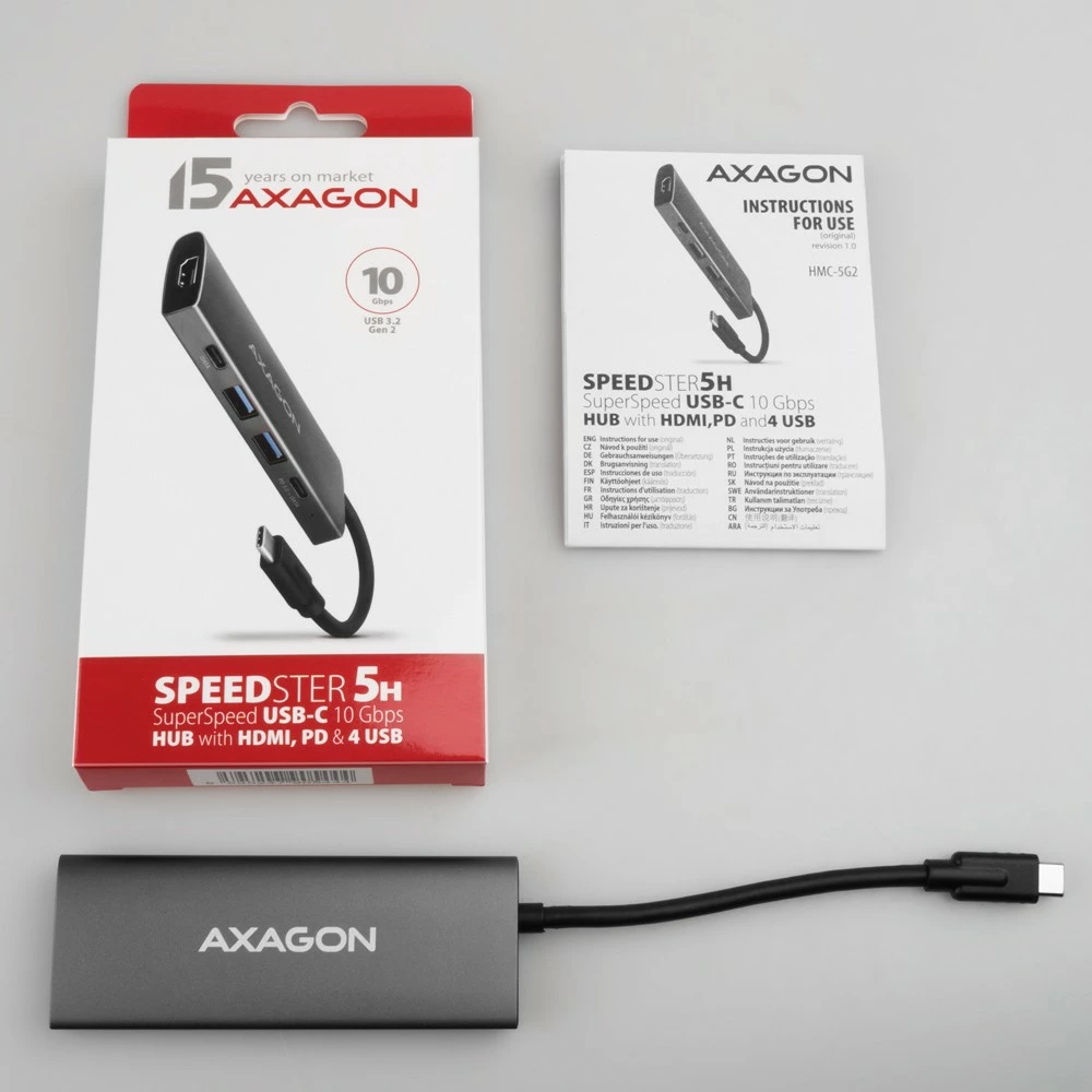 Kasë AXAGON HMC-5G21, Multiport USB Hub 5in1, 10Gbps, 2x USB-A + 2x USB-C + HDMI 4K/30Hz, PD 60W, Gri