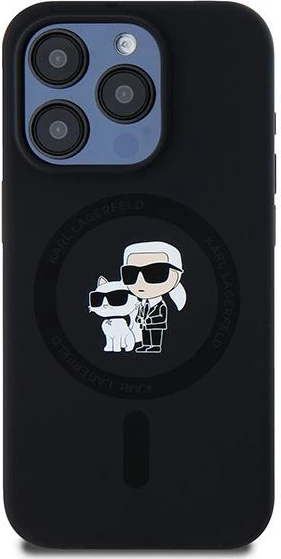 Mbështjellës Karl Lagerfeld Silicone Karl & Choupette MagSafe për iPhone 15 Pro, i zi
