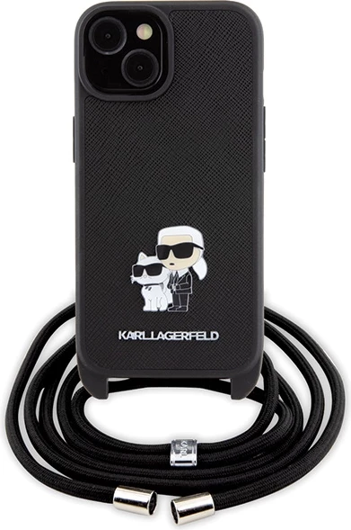 Mbështjellës Karl Lagerfeld Crossbody Saffiano Metal Pin Karl & Choupette për iPhone 15, i zi