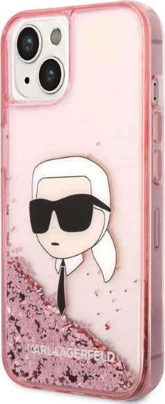 Mbështjellës Karl Lagerfeld Liquid Glitter Karl's Head për iPhone 14 Plus, Rozë