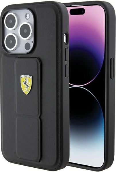 Mbështjellës Ferrari Grip Stand Metal Logo për iPhone 15 Pro Max, i zi