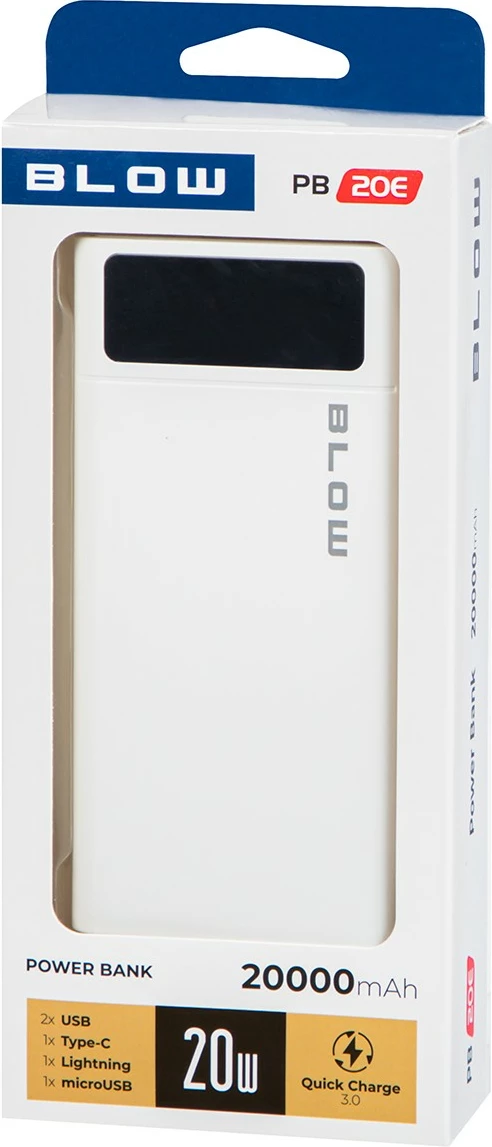 Powerbank BLOW PB20E 20000mAh QC 3.0 + PD 22.5W, ekran LED, Lightning, e bardhë