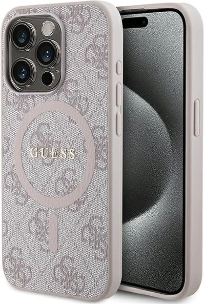 Mbështjellës Guess 4G Collection Leather Metal Logo MagSafe për iPhone 14 Pro Max, Rozë