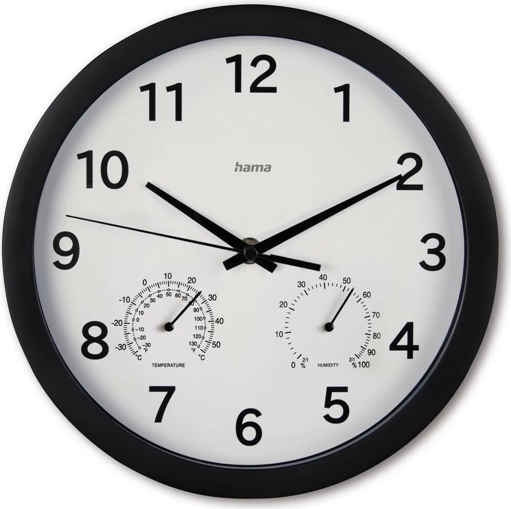 Orë muri Hama Malta, 25cm, analog, me termometër dhe higrometër, e zezë