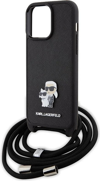 Mbështjellës Karl Lagerfeld Crossbody Saffiano Metal Pin Karl & Choupette për iPhone 15 Pro Max, i zi