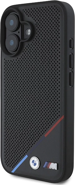 Mbështjellës BMW M Perforated Tricolor Line MagSafe për iPhone 16 Plus, Zi