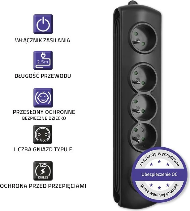 Kasë Qoltec 50105 me 4 dalje, 2.5m, e zezë