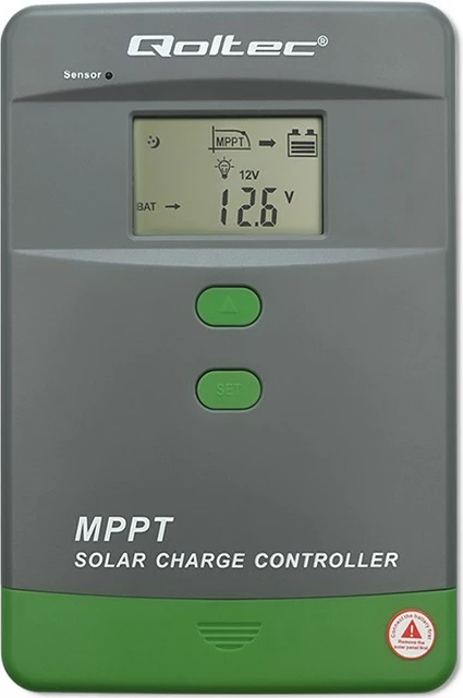 Kontroller karikimi diellor MPPT, Qoltec, 53664, 50A 12V/24V, LCD Bluetooth APP sensor temperature, kompatibil me GEL & LiFePO4, gri/jeshile
