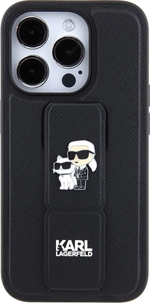 Mbështjellës Karl Lagerfeld Gripstand Saffiano Karl&Choupette Pins për iPhone 15 Pro, e zezë