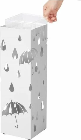 mbajtëse çadrash metalike SONGMICS LUC49B me grepë dhe tabakë pikuese, 15.5 x 15.5 x 49 cm, e bardhë, set 1 mbajtëse + 1 tabakë plastike + 4 grepë