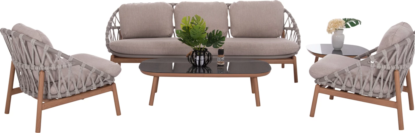 Set lounge për jashtë, 5 pjesë, KROM FH6360.02, alumin, litar, tavolinë me xham 3D