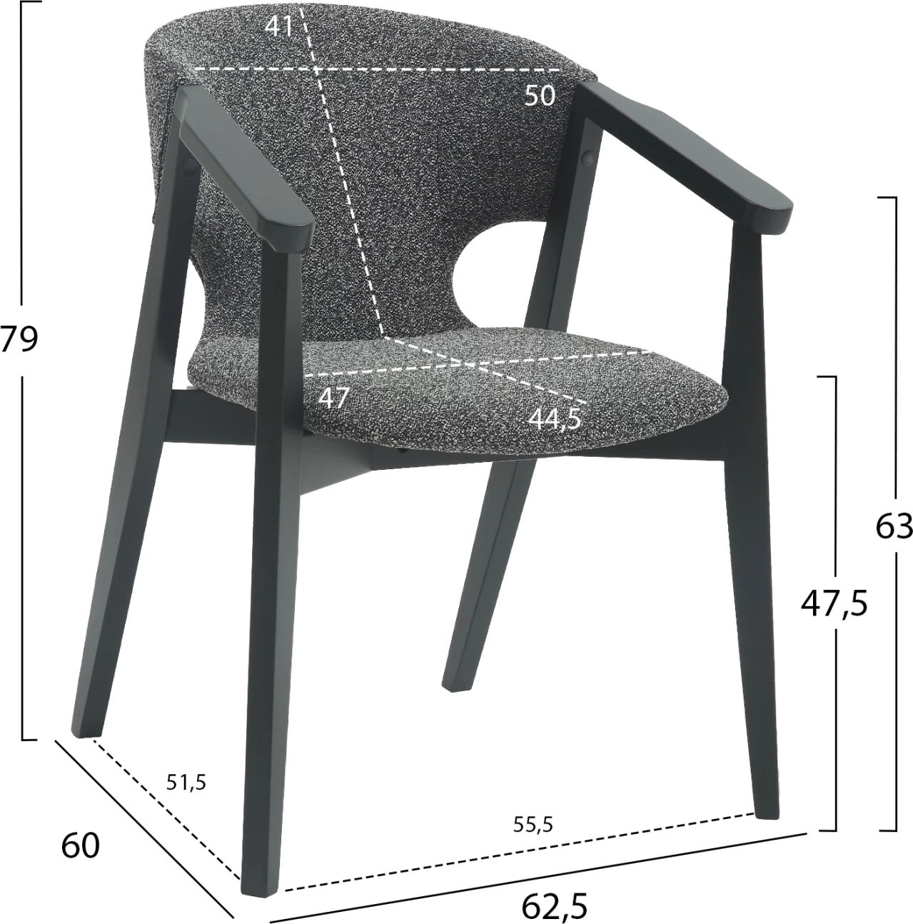 Karrige ngrënieje me krahë YEGER FH9995.01 dru ahu, ngjyrë e zezë-gri e errët, 62,5x60x79H cm., set prej 2 copë