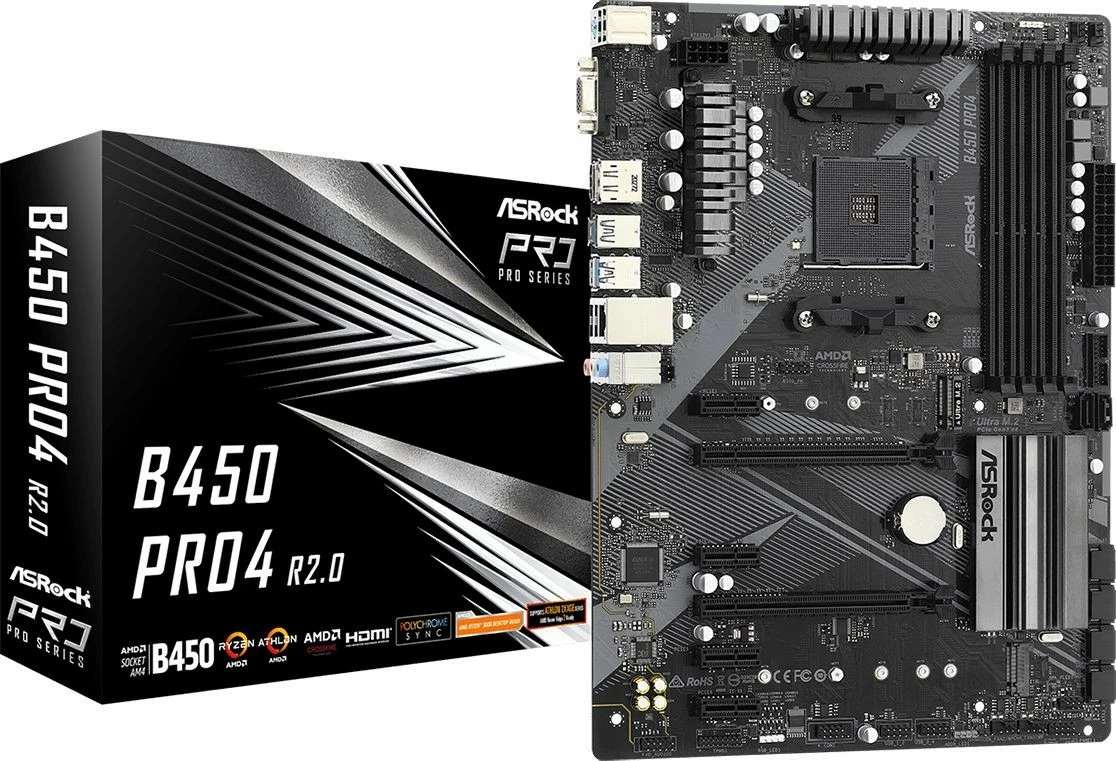 Pllakë amë ASRock B450 PRO4 R2.0, Socket AM4, ATX, 4 DDR4, M.2, DP/HDMI, USB 3.2, e zezë