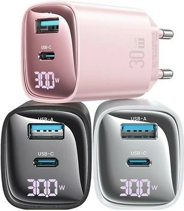 Karikues muri USAMS CC229, 30W, GaN, 1x USB + 1x USB-C, Ekran dixhital, i zi