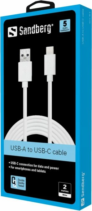 Kabllo Sandberg USB-C 3.1 në USB-A 3.0 136-14, 2 m, 60 W, 5 Gbps, e bardhë