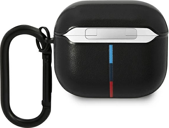Mbështjellës BMW Leather Curved Line për AirPods 3, me karabiner, i zi