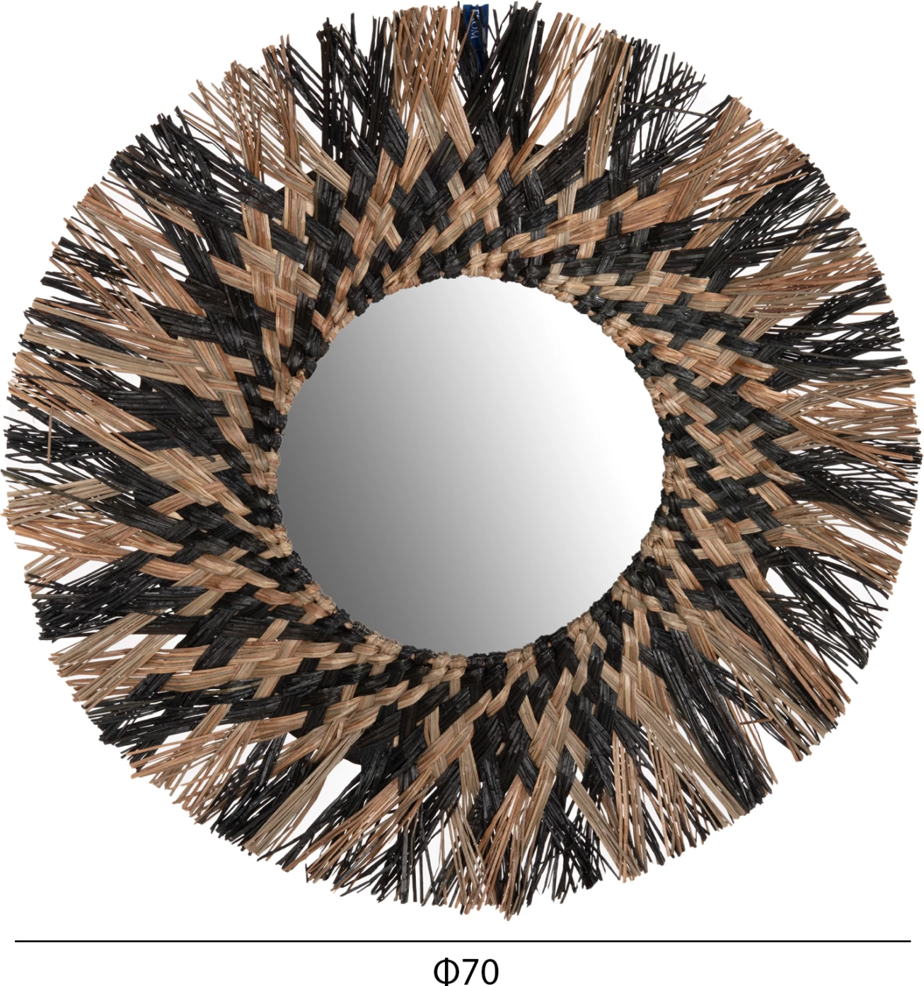 Pasqyrë muri e rrumbullakët, FH7833, kornizë e thurur nga bari Mendong, ngjyrë e zezë dhe natyrale, Φ70 cm