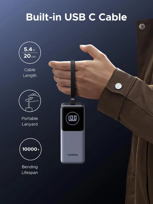 Powerbank UGREEN 55365B 20000mAh 130W me kabllo USB-C të integrume, Space Grey