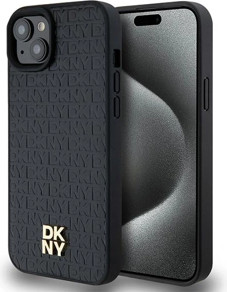 Mbështjellës DKNY Leather Pattern Metal Logo MagSafe për iPhone 15/14/13, i zi