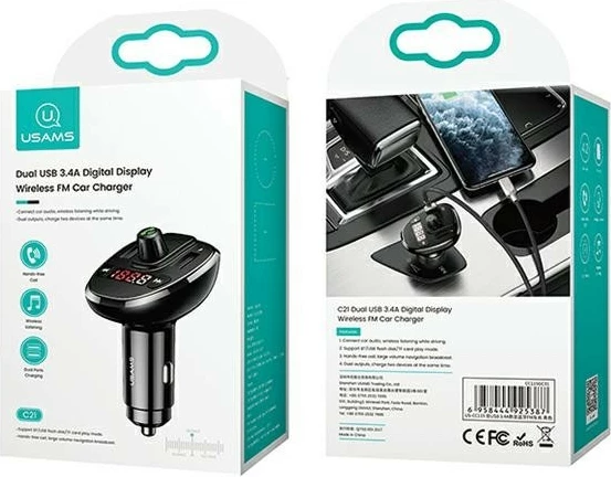 Transmetues FM për makinë USAMS C21, Bluetooth, 2xUSB, 3.4A, i zi