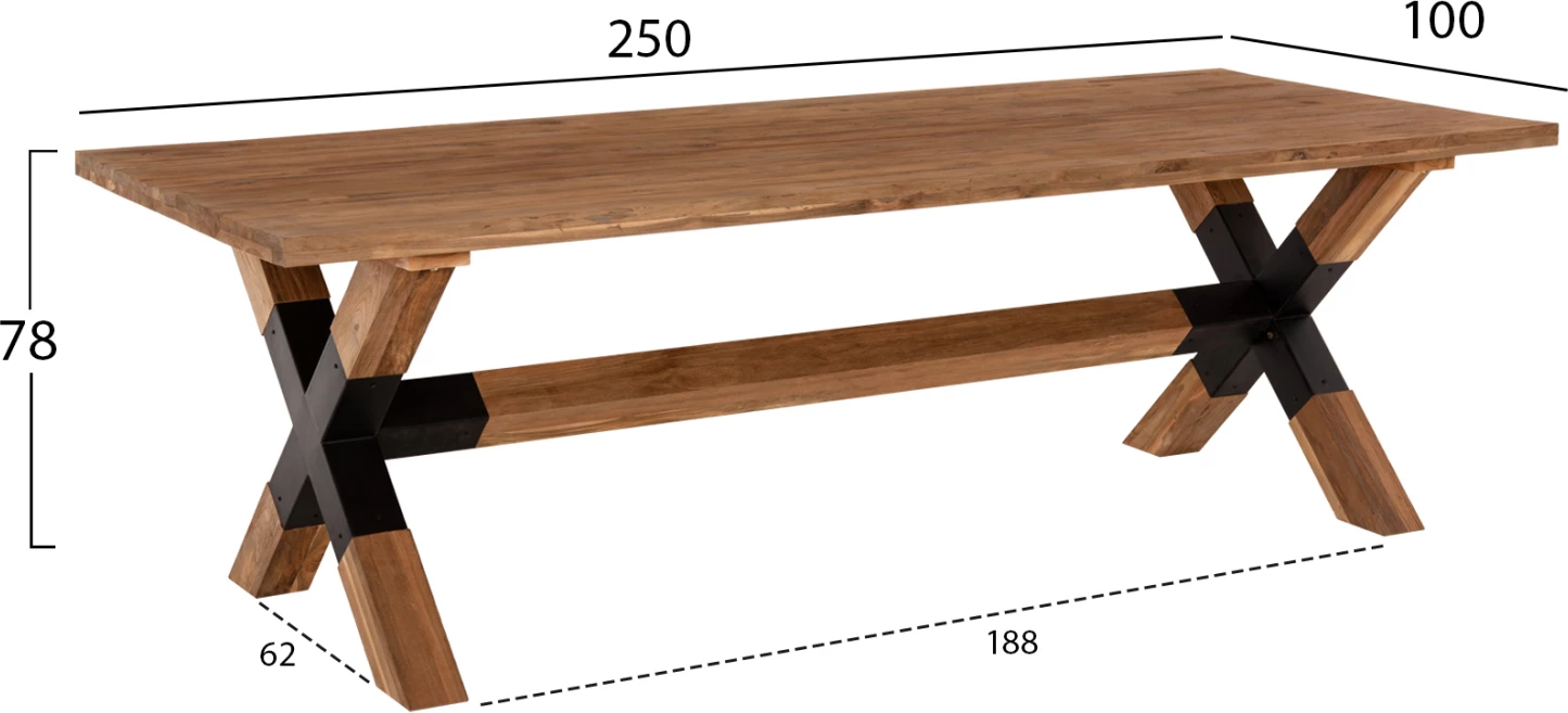 Tavolinë ngrënieje KATTE FH9557 dru TEAK i ricikluar, këmbë metalike, 250x100x78H cm
