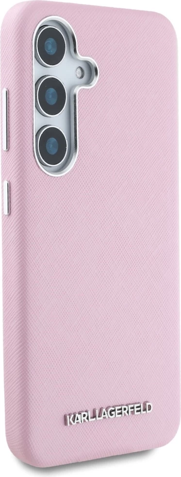 Mbështjellës Karl Lagerfeld Saffiano Full Wrapped Elongated Metal Logo MagSafe për Samsung Galaxy S25+, Rozë