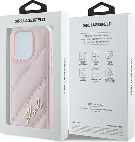 Mbështjellës Karl Lagerfeld Diagonal Quilted Script për iPhone 15 Pro, Rozë