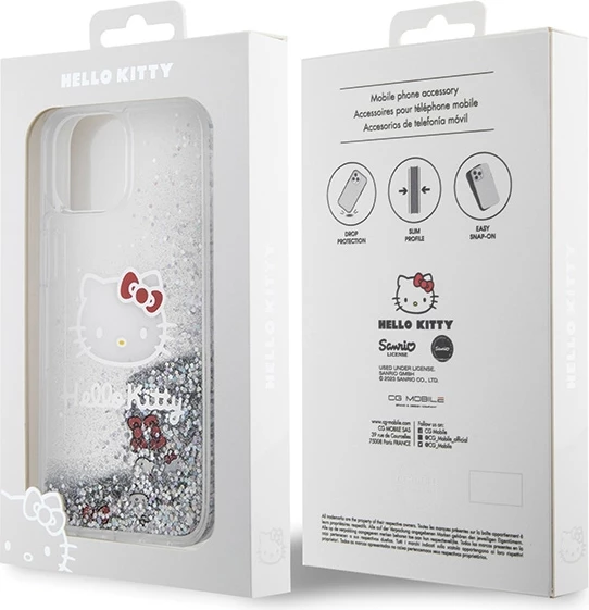 Mbështjellës Hello Kitty Liquid Glitter Charms Kitty Head për iPhone 14, argjend