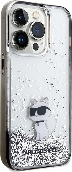 Mbështjellës Karl Lagerfeld Liquid Glitter Choupette për iPhone 14 Pro, transparent, argjendtë