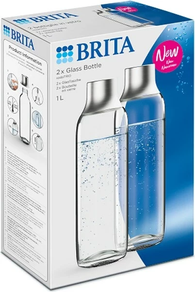 Shishe karbonizuese BRITA sodaTRIO, 1 L, Qelq, 2 copë, Argjendtë