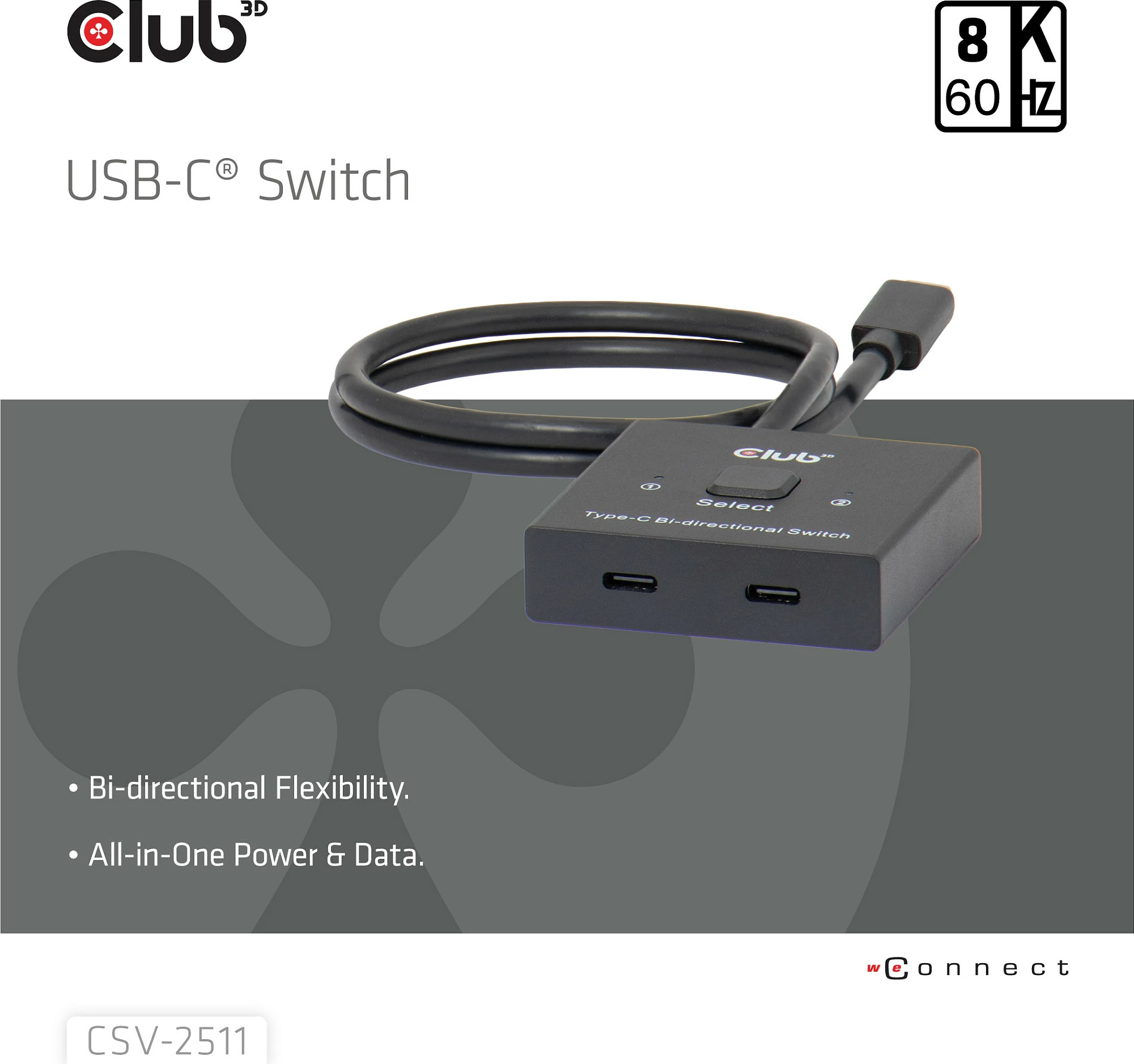 Switch USB-C Club 3D CSV-2511, video, të dhëna, Power Delivery