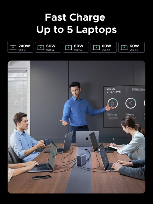 Karikues USB desktop UGREEN Nexode 55550B 500W GaN, 6 porta (5xUSB-C, 1xUSB-A), Space Gray