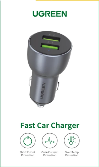 Karikues për veturë UGREEN 10144 2xUSB QC 3.0 36W, gri metalike, me kuti
