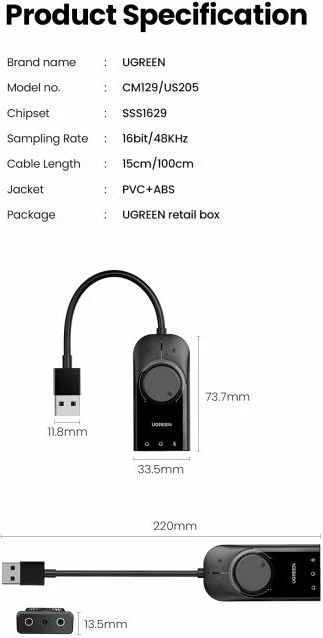 kartë zëri USB e jashtme UGREEN 40964, USB 2.0, 3x 3.5mm, kontroll volum + mute, e zezë