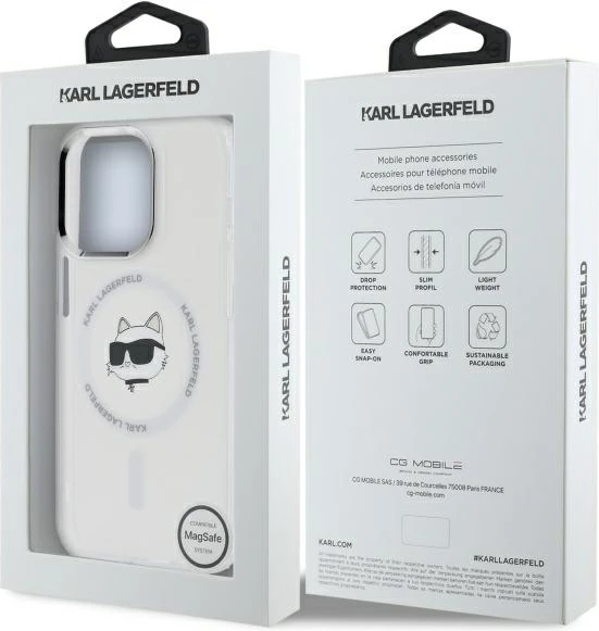 Mbështjellës Karl Lagerfeld IML Metal Choupette Head MagSafe për iPhone 14 Pro, Bardhë