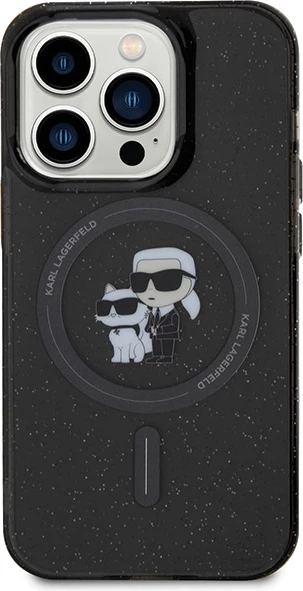 Mbështjellës Karl Lagerfeld Karl&Choupette Glitter MagSafe për iPhone 15 Pro, zi