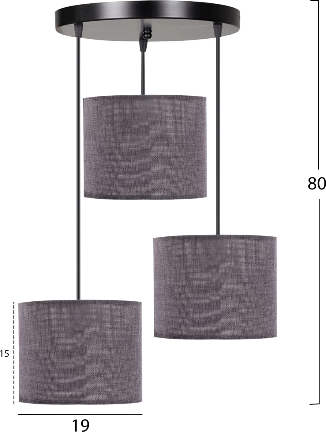 Llambë tavani FH7622.13 bazë e zezë, 3 copë hije cilindrike gri e lehtë asimetrike