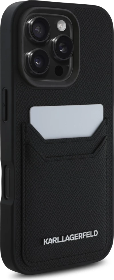 Mbështjellës Karl Lagerfeld HC Grained PU Cardslot Metal Elong për iPhone 16 Pro, i zi