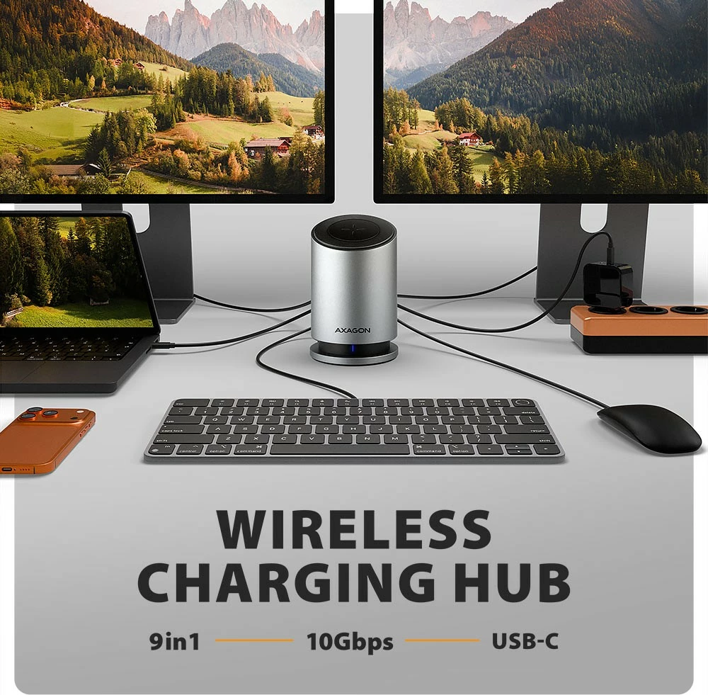 Hub USB-C multiport 9-në-1 AXAGON HMC-WL9 10Gbps 3xUSB-A 1xUSB-C DP 8K/60Hz HDMI 4K/60Hz PD 100W GLAN kabllo USB-C 60 cm karikim wireless 15W gri