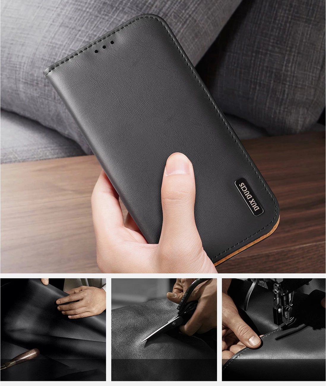 Mbështjellës Dux Ducis Hivo për iPhone 14 Plus, lëkurë natyrale, me xhepa për kartela dhe para, i zi