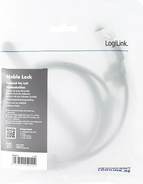 Kabllo sigurie për laptop LogiLink Noble Lock NBS012, e zezë/argjend