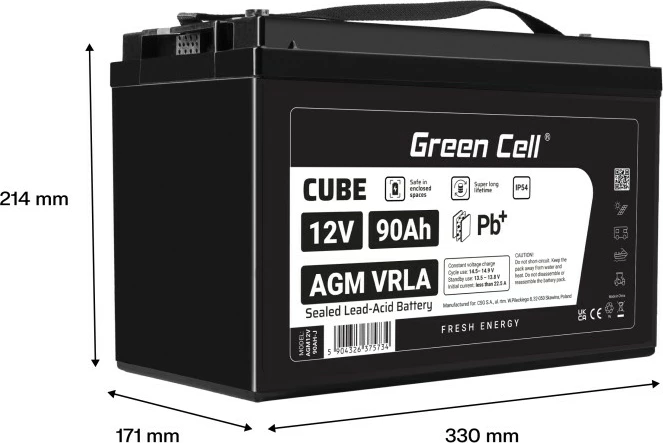 Bateri AGM VRLA, Green Cell, AGM12V90AH-J, 12V 90Ah, IP54, e zezë