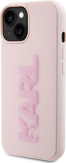 Mbështjellës Karl Lagerfeld 3D Rubber Glitter Logo për iPhone 15, Rozë