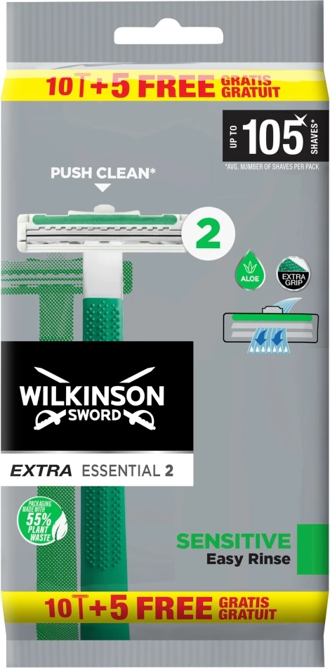 Briskë të disponueshëm për meshkuj Wilkinson Extra Essential 2 Sensitive, 15 copë