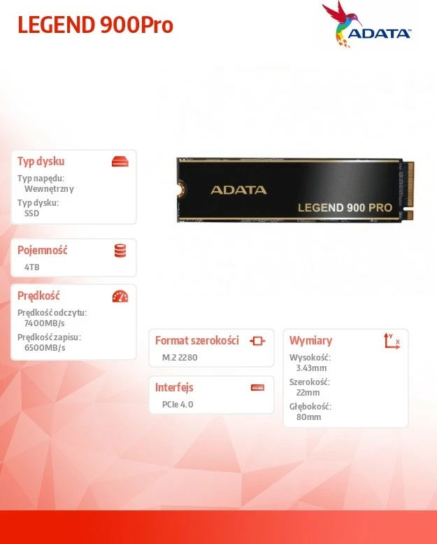 SSD Adata LEGEND 900Pro, 4TB, M.2 2280, PCIe 4.0, i zi me të artë