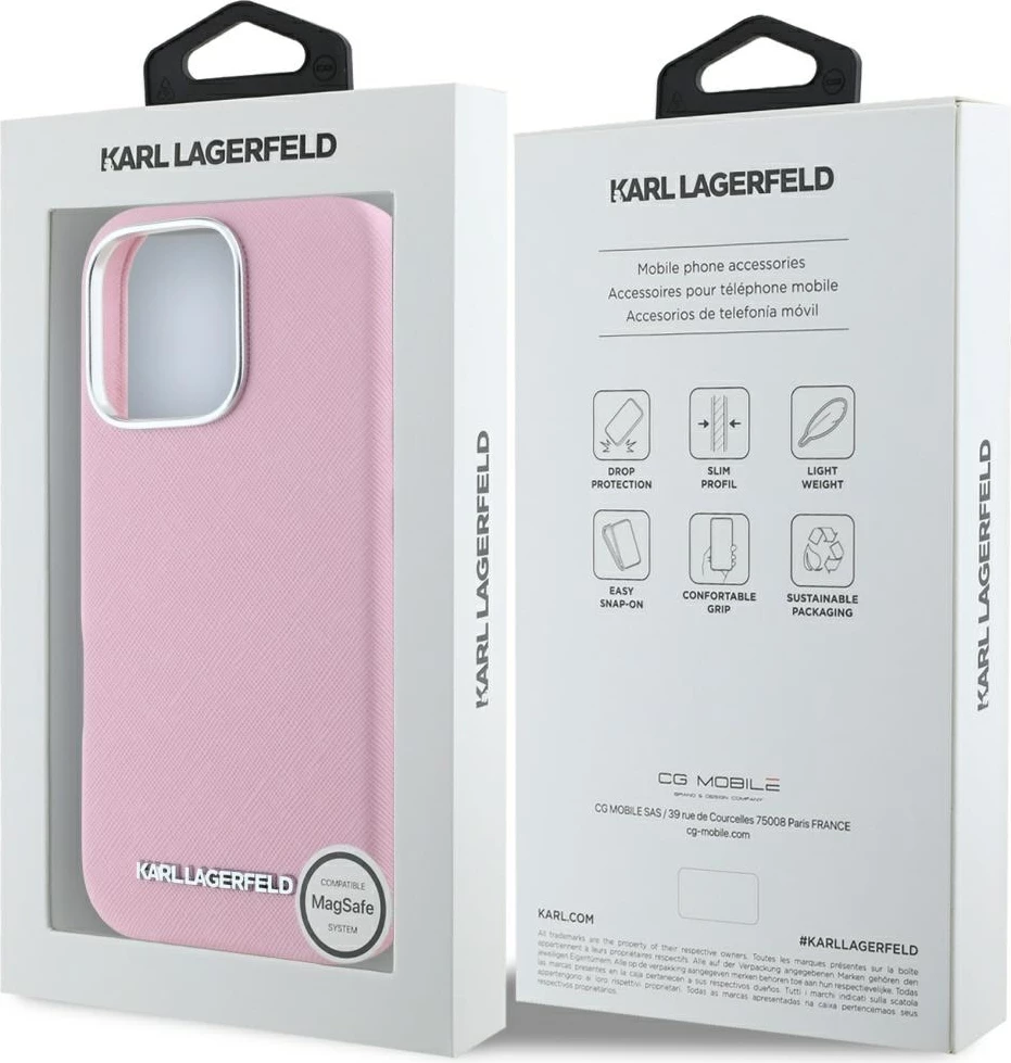 Mbështjellës Karl Lagerfeld Saffiano Full Wrapped Elongated Metal Logo MagSafe për iPhone 16 Pro Max, Rozë