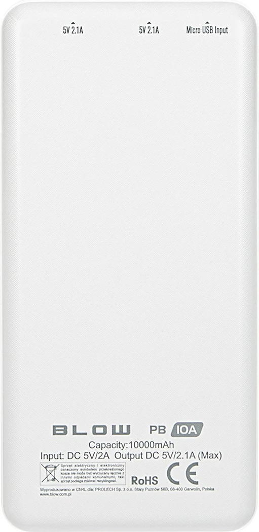Power bank, BLOW, PB10A, 10000 mAh 2x USB (1A+2.1A) micro-USB hyrje, LED tregues, White, me kabllo micro USB